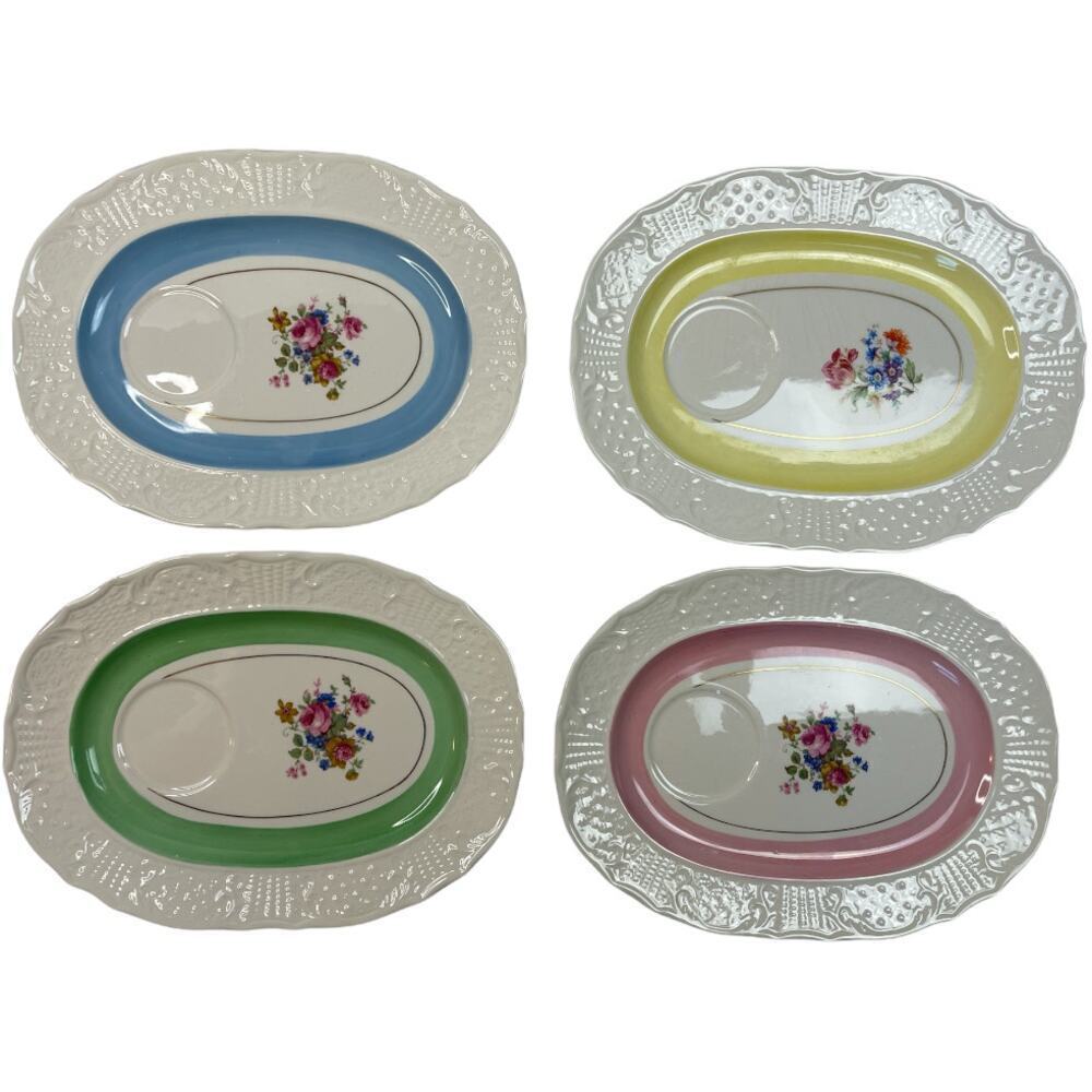Oblong White Floral Pattern Tea Sandwich Plates Set of 4